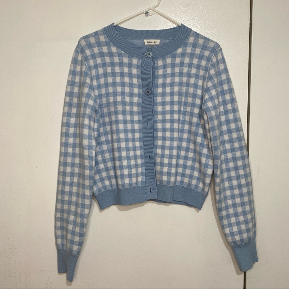 Sugarlips Blue and White Gingham Cardigan Sweater